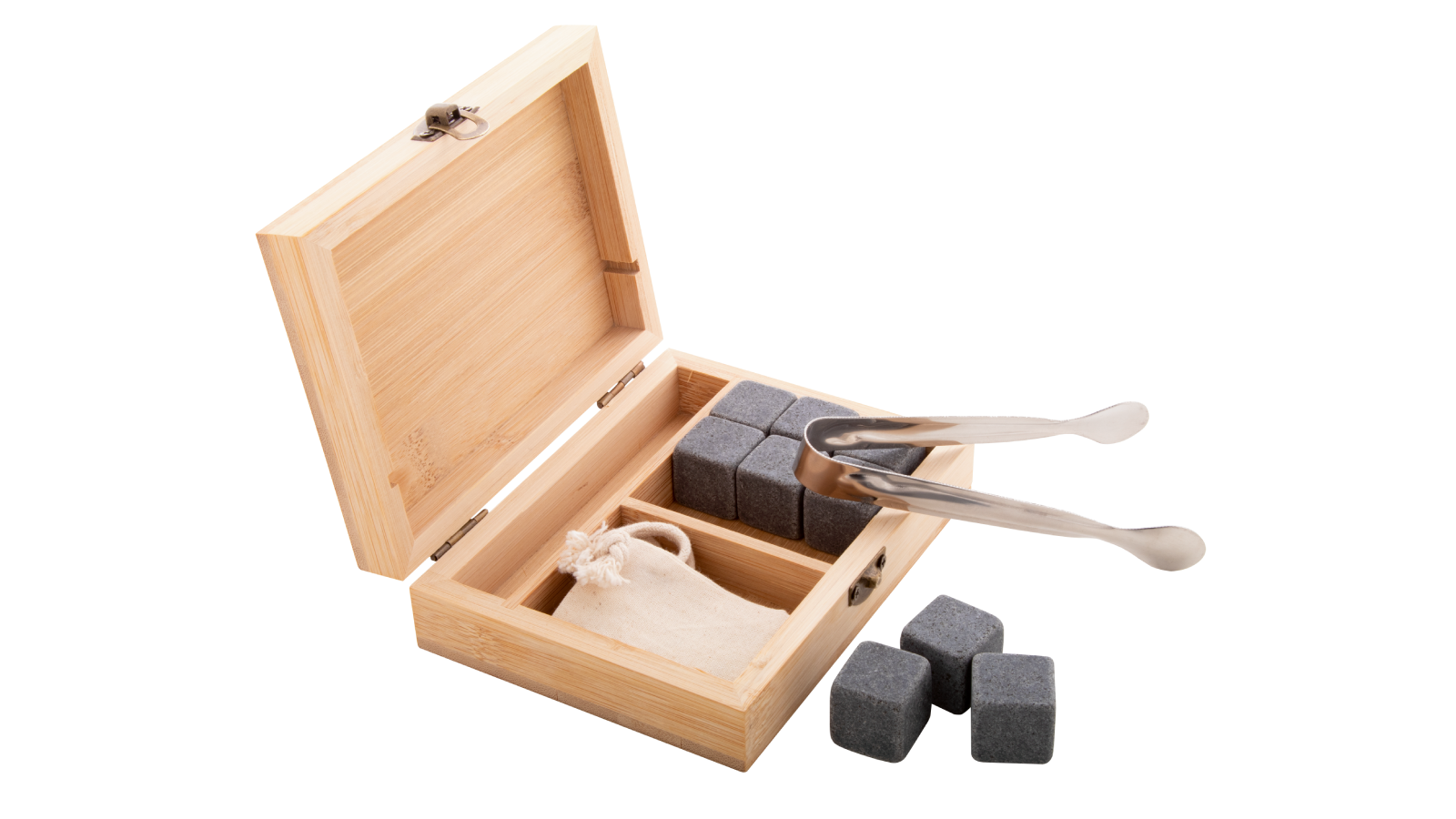 <p>Bourbon, set di cubetti ghiaccio in pietra riutilizzabili in confezione di bambù, proposto da Anda Present</p>
