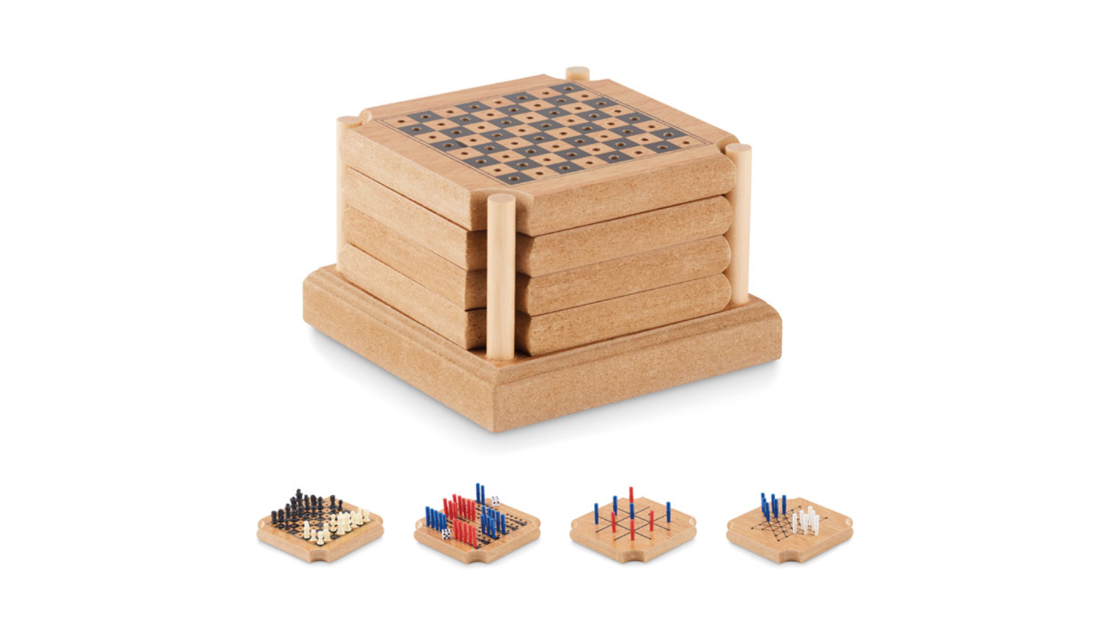 <p>Midocean’s Coastgame, set of 4 cork and MDF coasters with games: Tic-Tac-Toe, backgammon, chess and Chinese checkers</p>
