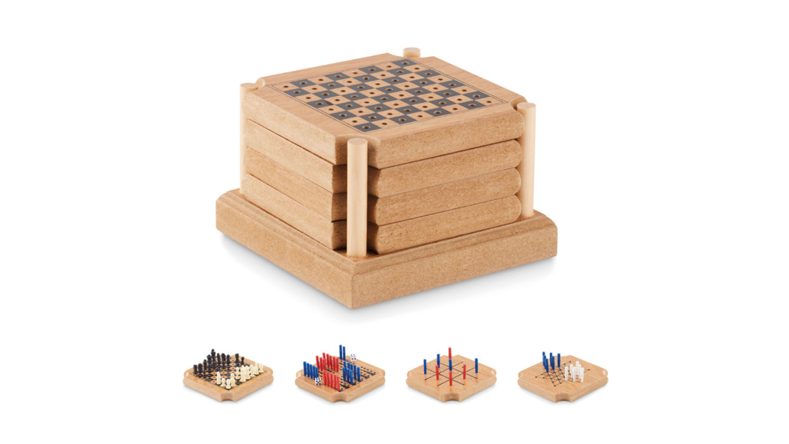 <p>Midocean Coastgame, set di 4 sottobicchieri in sughero e mdf con i giochi: Tic-Tac-Toe, backgammon, scacchi e dama cinese</p>
