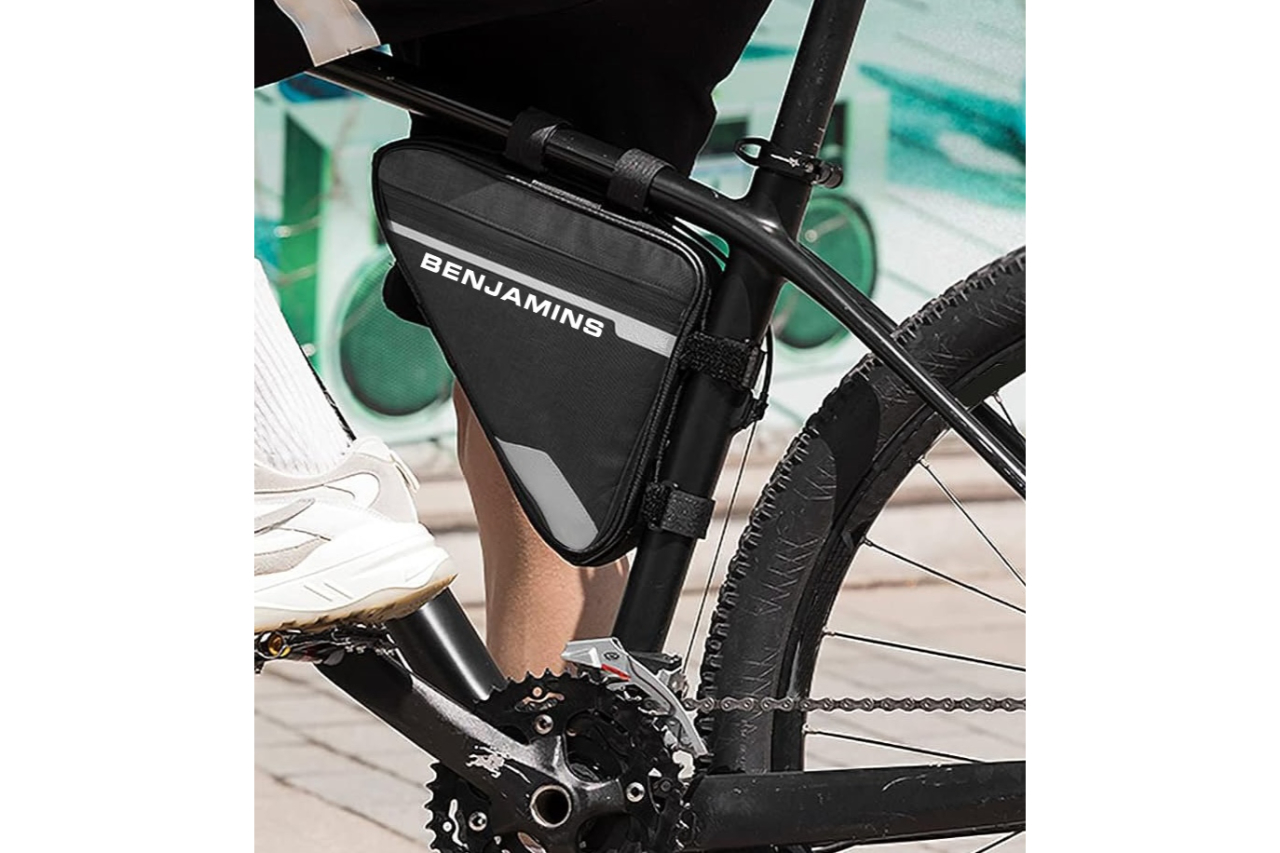 <p>Benjamins' triangular, streamlined bags are made of waterproof nylon to protect against all weather conditions</p>