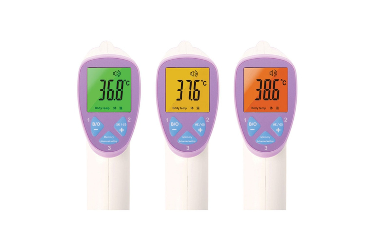 <p>Infrared remote thermometer, featuring green, yellow and red backlight, fever alarm and 32-reading memory. Proposed by Silicon, it can be customised by pad printing</p>