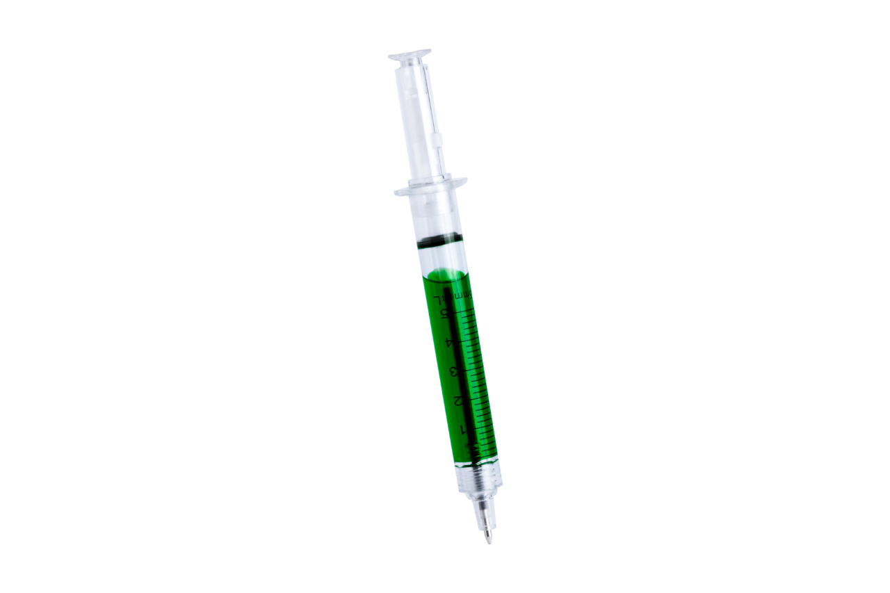 <p>“Vaccine”, plastic ballpoint pen in the shape of a syringe with a transparent casing filled with liquid and a blue refill. From the Anda Present Cool 2025 catalogue</p>