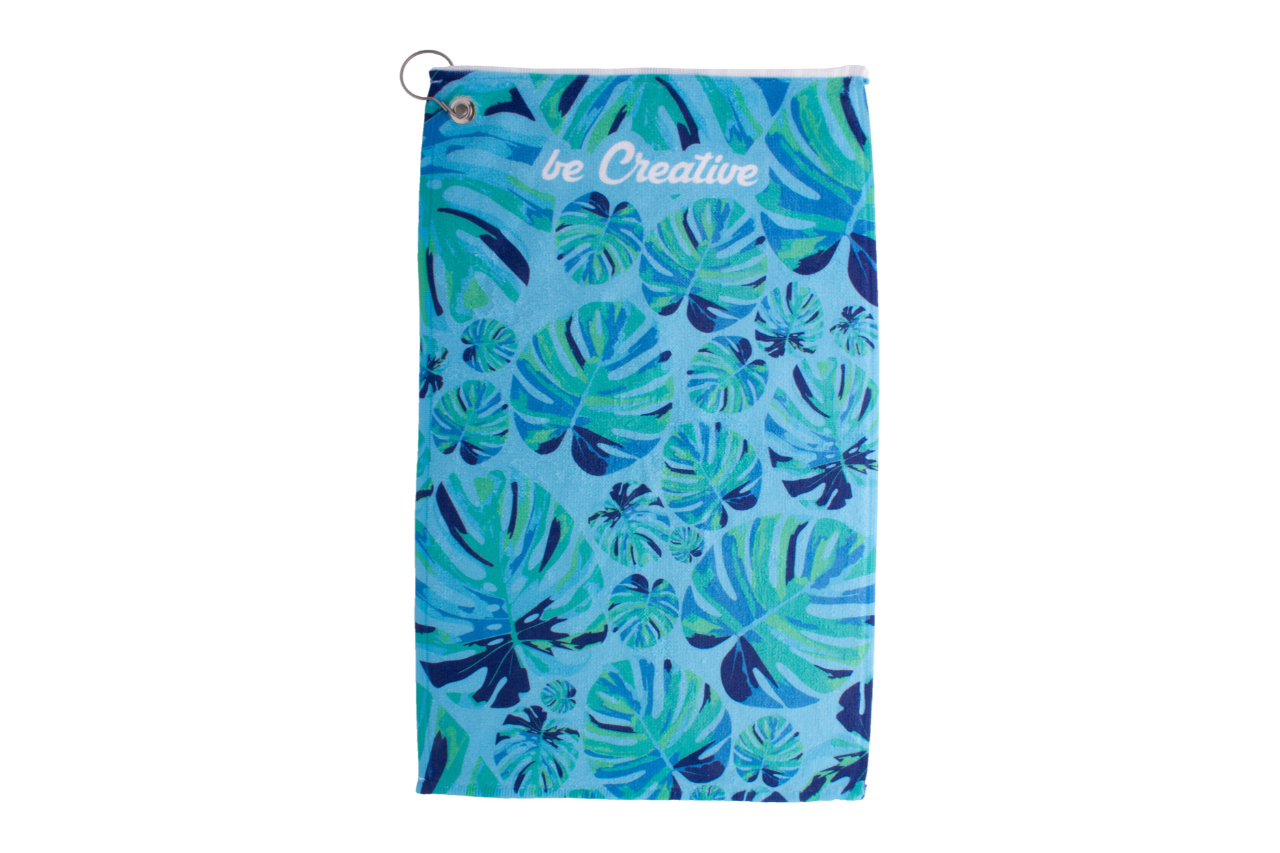 <p>Birdie, double-sided golf towel in cotton and microfibre, with metal hook and sublimation printed graphics on one side. Proposed by Anda Present</p>
