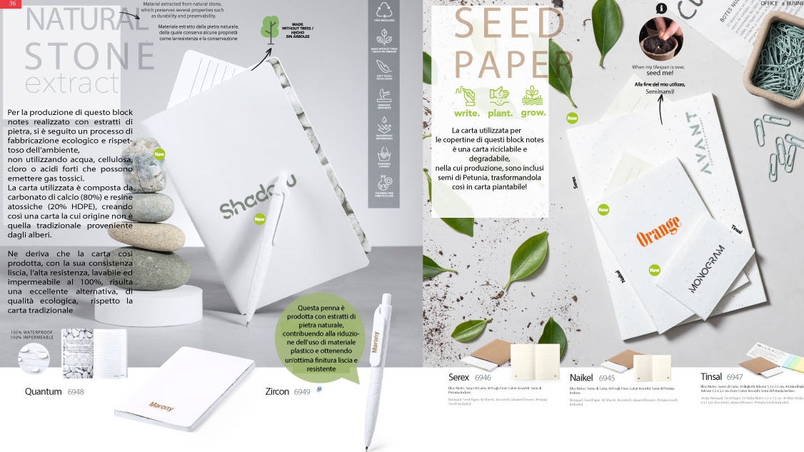 <p>Block Notes di Asiatrade realizzati con estratti di pietra, con materiale riciclabile al 100% e senza cloro, e quelli realizzati con carta riciclata con l’aggiunta di semi di petunia</p>
