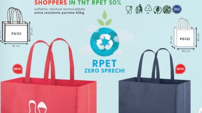 <p>Shopper 100% sostenibili in Tnt misto a rPET e stampate con inchiostri ecologici</p>

